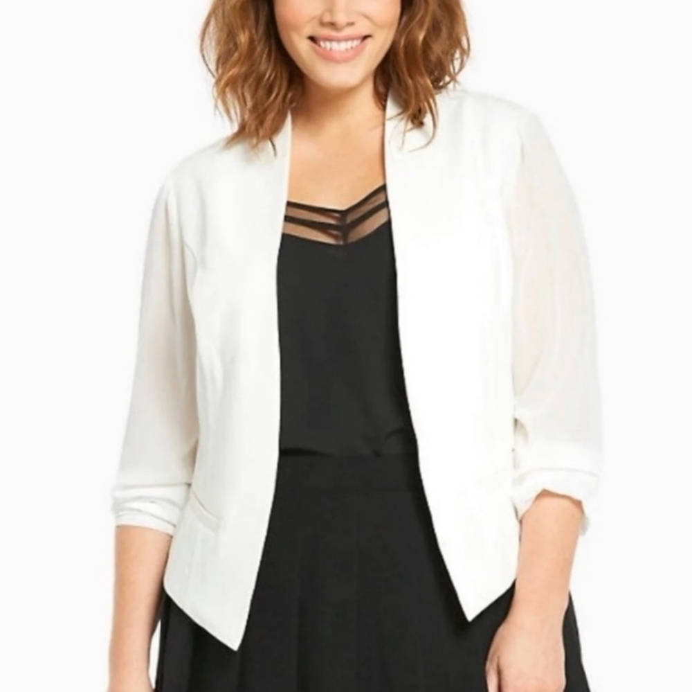 TORRID White Sheer Sleeve Open Front Blazer